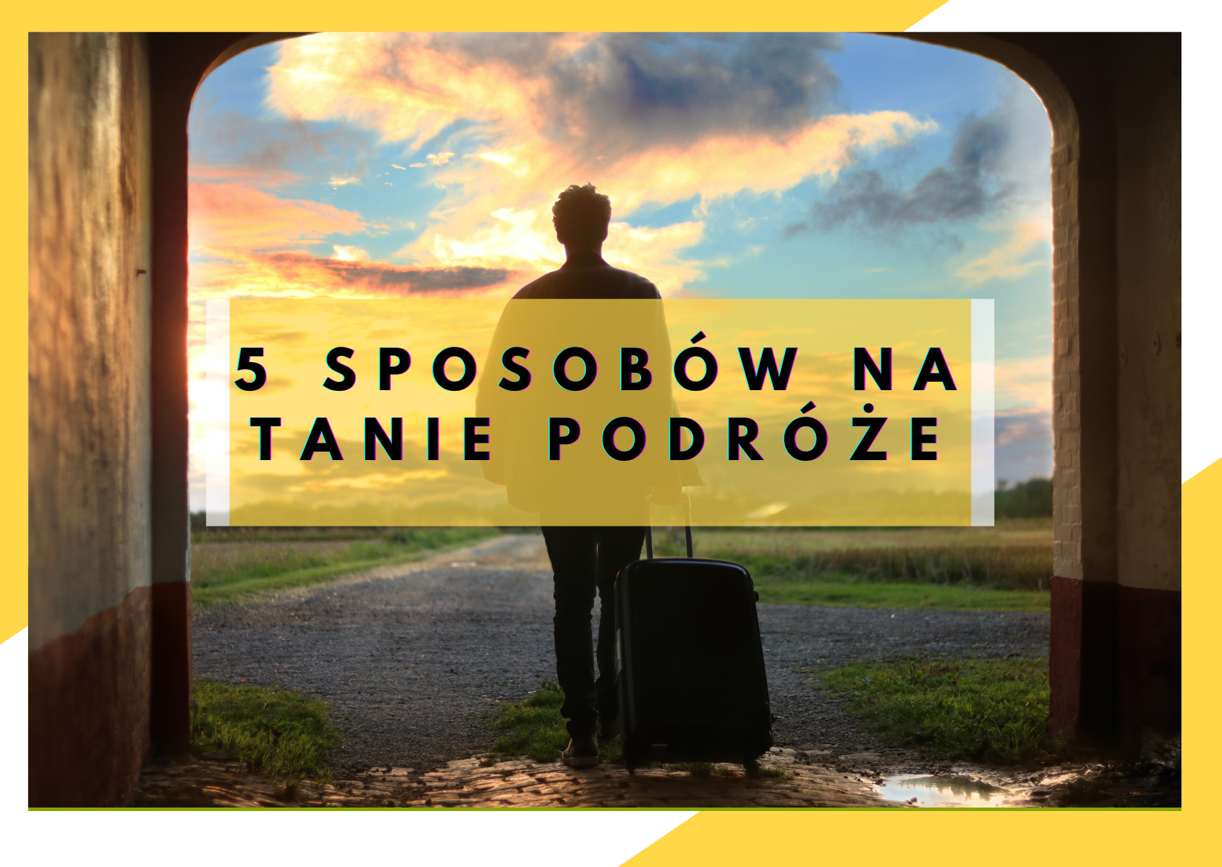 tanie podróże Mężczyzna ciągnący walizkę na tle gór