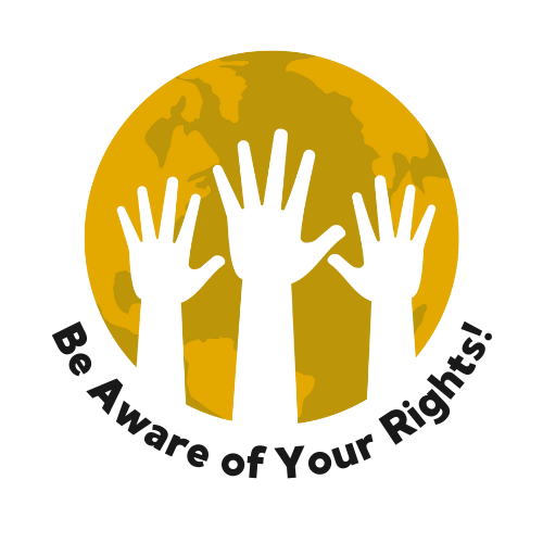 Logo projektu Be aware of your rights! Logo przedstawia ziemie na której znajdują się trzy dłonie.