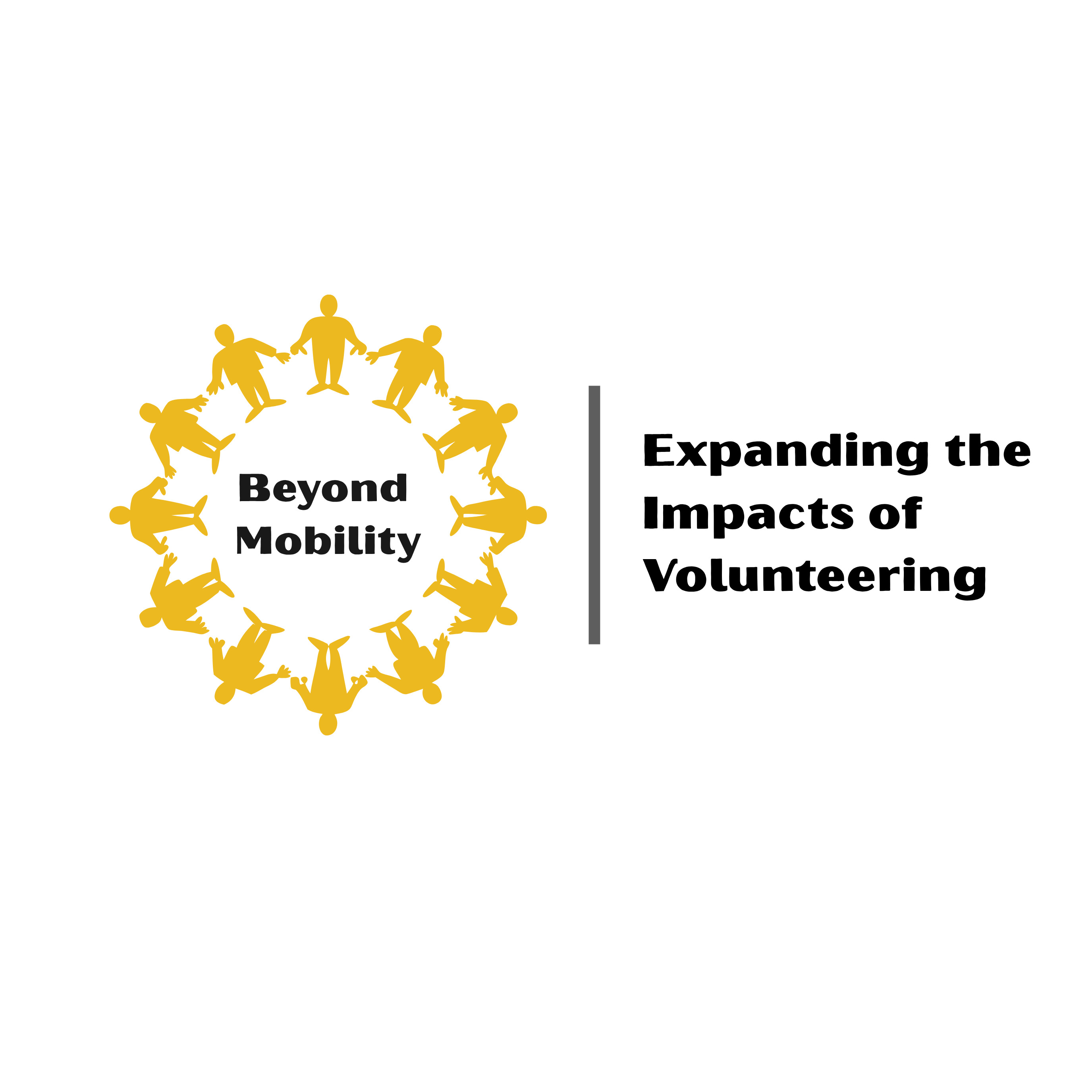 Logo projektu Beyond Mobility: Expanding the Impacts of Volunteering, osoby trzymają się za ręce, tworzą koło